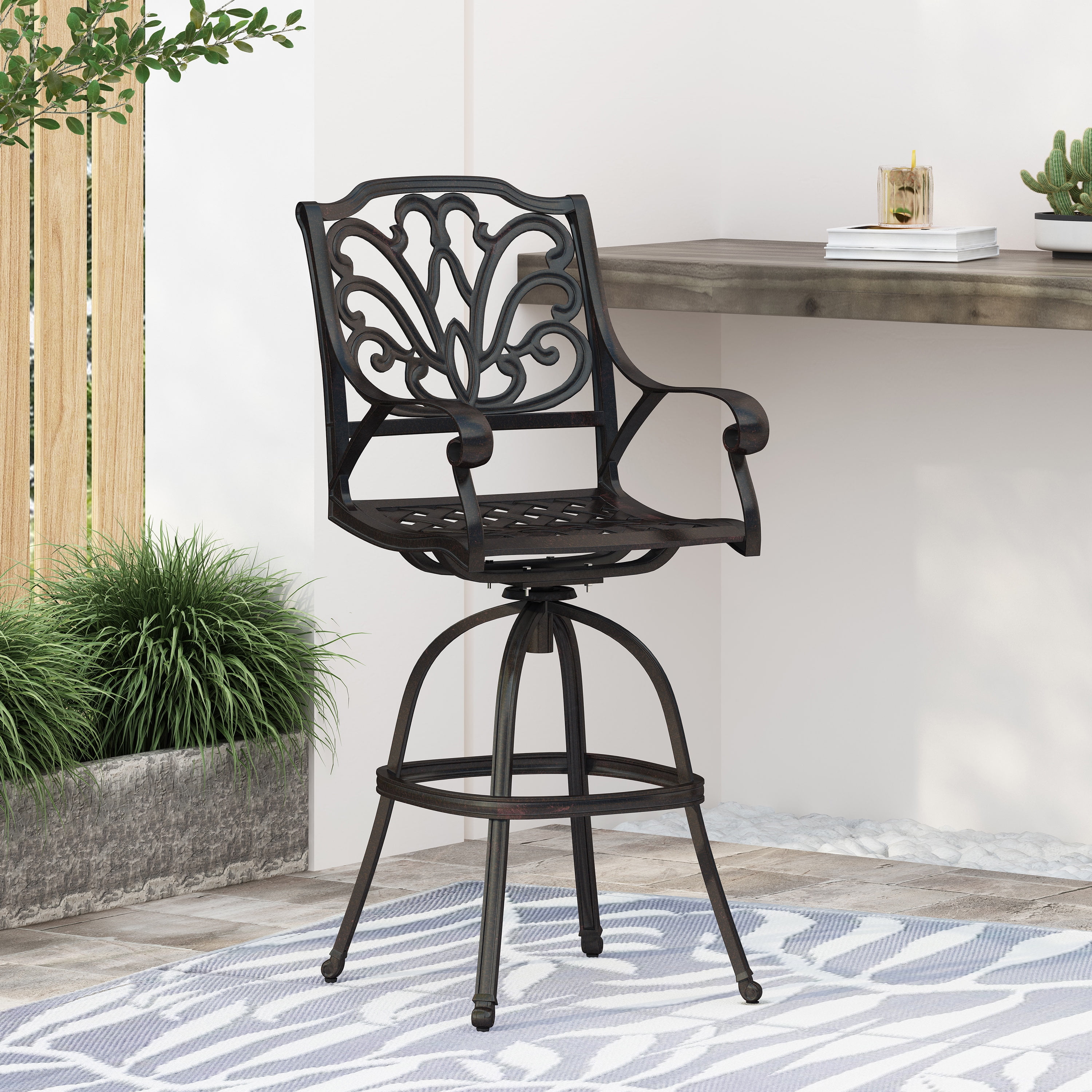 Outdoor Cast Aluminum Swivel Bar Stool, Rotatable Height Leisure Seat for Patio Garden, Bronze