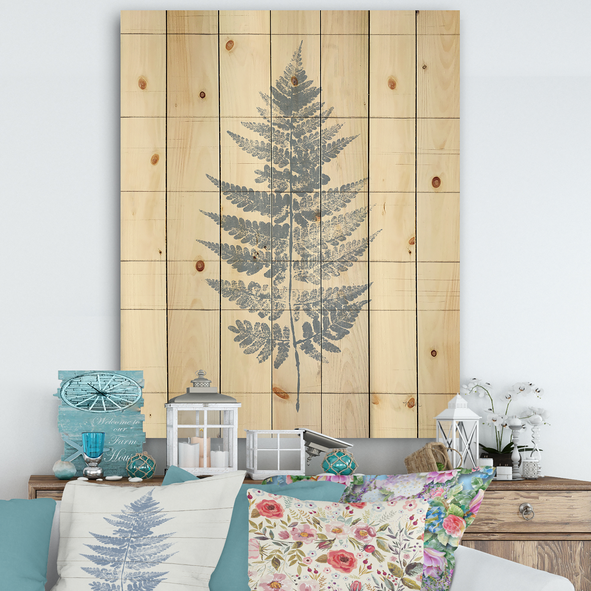 Designart 'Abstract Blue Fern on wood I' Cabin & Lodge Print on Natural Pine Wood