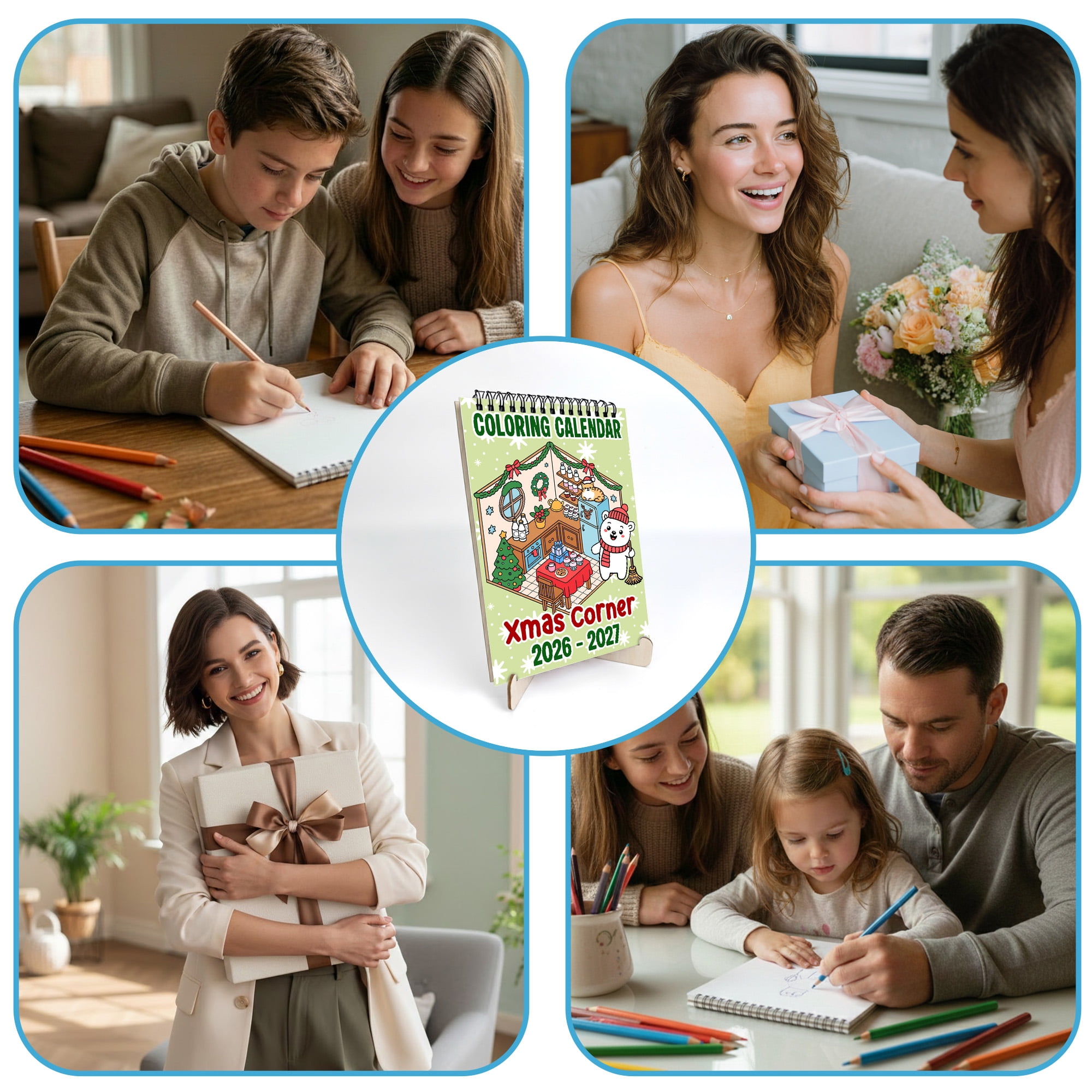 Xmas Corner Coloring Desk Calendar 2026–2027, A5 Wooden Cover Planner with 26 Easy Coloring Pages for Adult Relaxation, 24 Month Desktop Calendar with Stand, Gift for Family & Friends