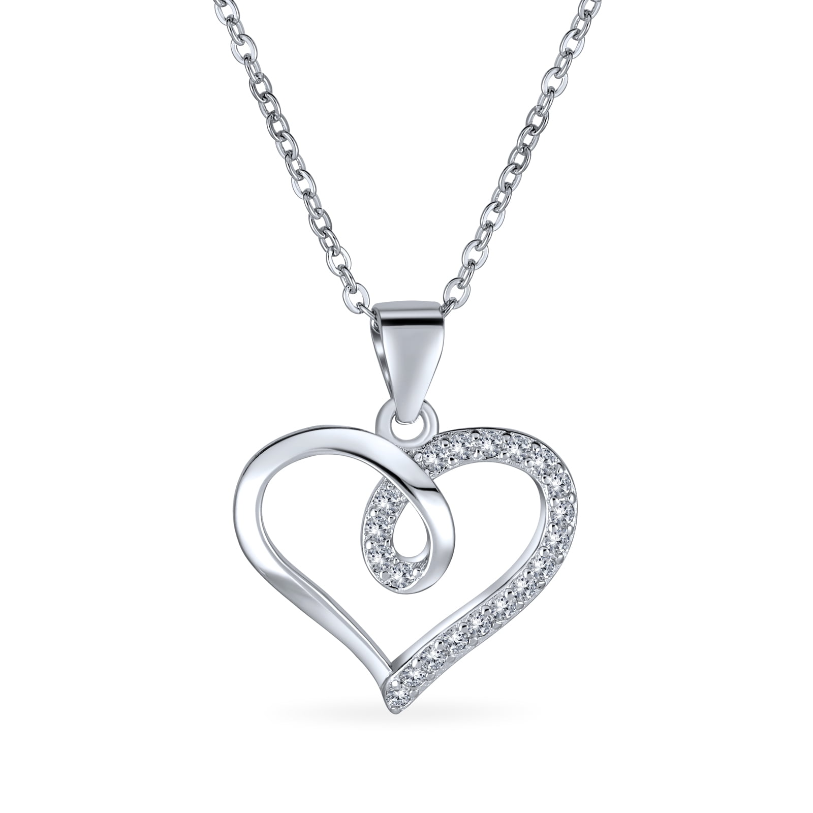 Heart Ribbon Pave Cubic Zirconia Pendant Necklace 925 Sterling Silver