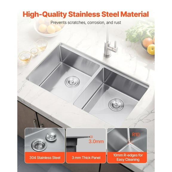 33" Double Bowl Undermount Sink with Center Bar, Stainless Steel for Kitchen Island or Counter