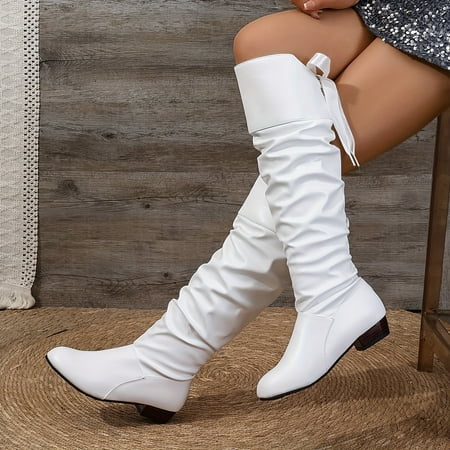 

Women s Knee-High Boots | Comfortable Low Heel & Round Toe | Chic Lace-Up Design | Versatile Solid Color Faux Leather