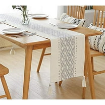 Fennco Styles Diamond Print Braided Tassel Cotton Table Runner 14" W x 87" L - Blue-Grey Table Cover for Home, Dining Table, Banquet, Family Gathering and Special Occasion