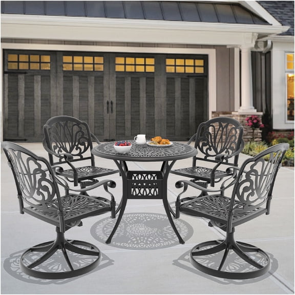 JERFIT 5-Piece Outdoor Patio Dining Set with Swivel Chairs, 35 inch Round Cast Aluminum Table and Cushions, All-Weather Black