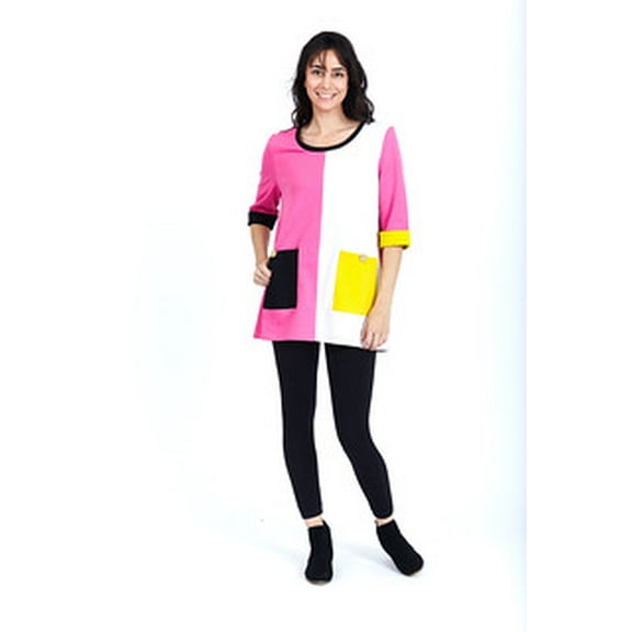 Womens Colorblock 3/4 Rolled Sleeves Scoop Neck Tunic, Top.