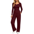 thumbnail image 3 of Feancey 2 Piece Sets for Women Tracksuit Outfits Button Up V Neck Long Sleeve Top and Sweatpants Sweatsuits Set Solid Color Lounge Two Piece Sets with Pockets Wine L, 3 of 9