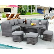 AECOJOY 7 Piece Patio Conversation Set, Outdoor Sectional Sofa Rattan Wicker Dining Furniture, Gray