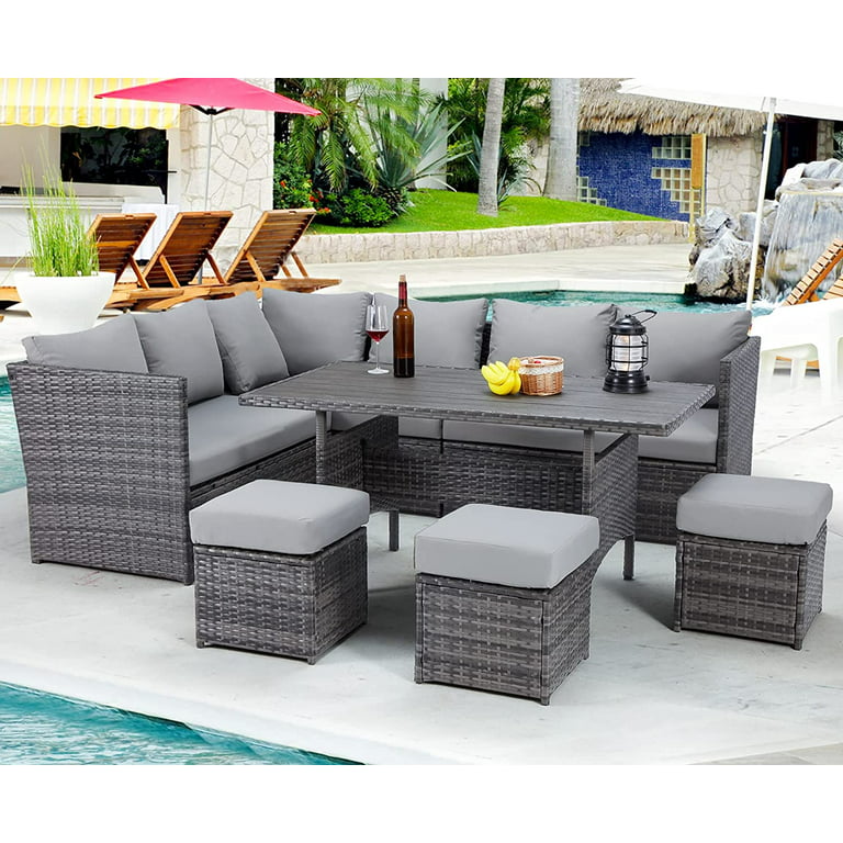 Aecojoy 7 Piece Patio Conversation Set Outdoor Sectional Sofa Rattan Wicker Dining Furniture Gray