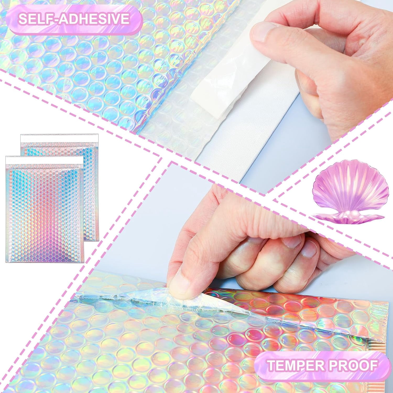 50 Pcs Metallic Bubble Mailers,Holographic Bubble Mailers 5.9 x 9.6 Inch,Self Seal Waterproof Shipping Bags,Poly Padded Envelopes for Mailing Packaging Small Business