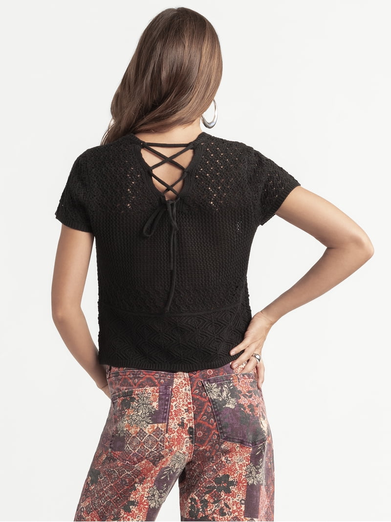 Jessica Simpson Women's Alicia Crochet Tee with Lace Up Back