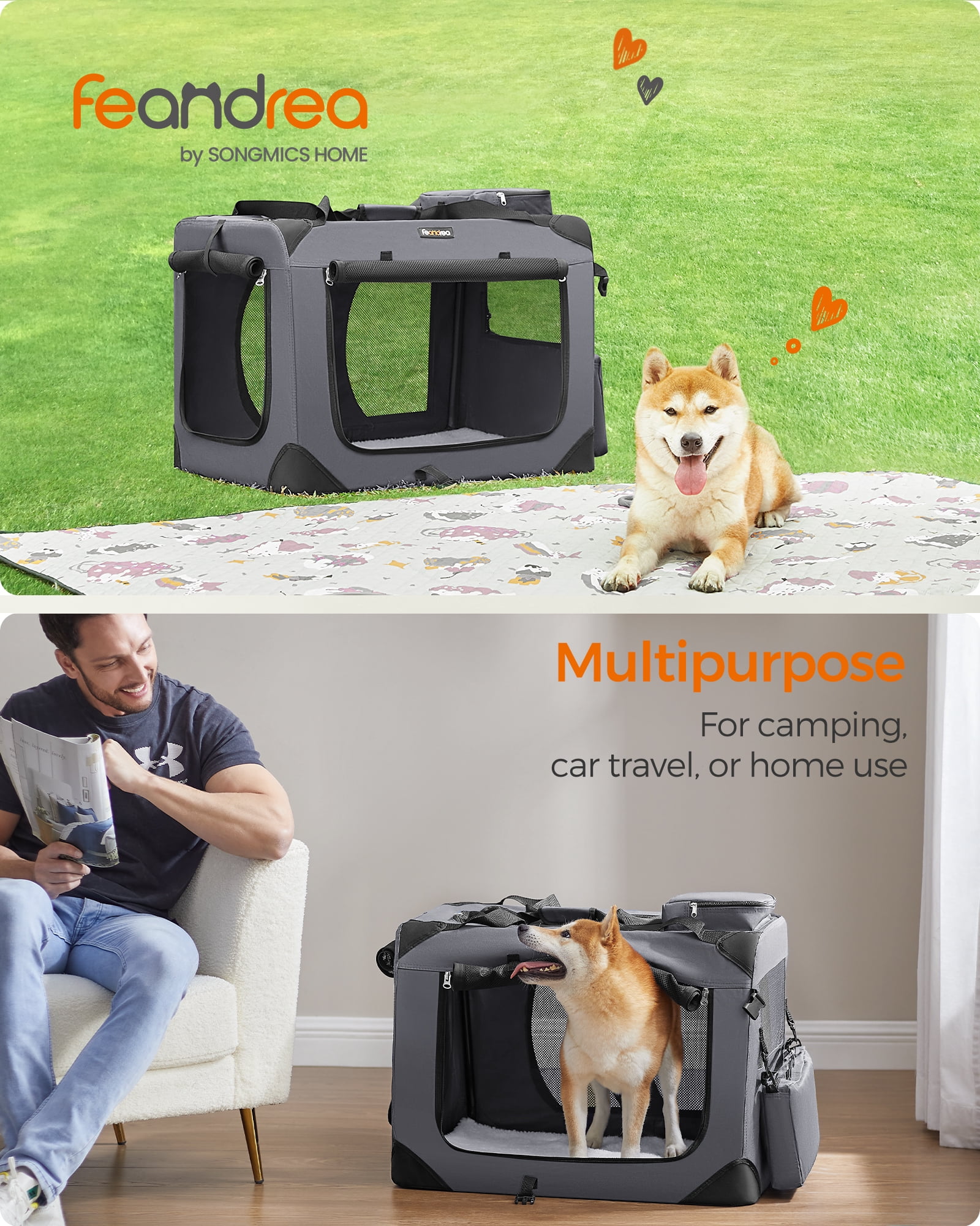 Feandrea Dog Crate, Collapsible Pet Carrier, L, Portable Soft Dog Crate, Oxford Fabric, Mesh, Metal Frame, with Handle, Storage Pockets, Gray