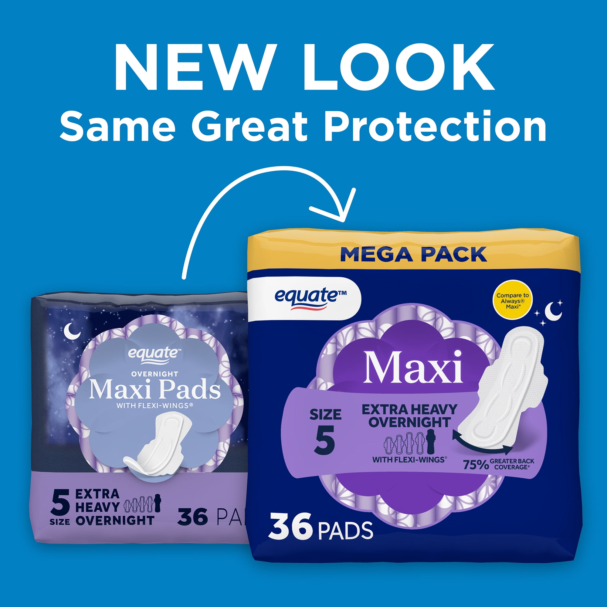 Equate Overnight Maxi Pads with Flexi-Wings, Extra Heavy Overnight Absorbency, Size 5, 36 Count