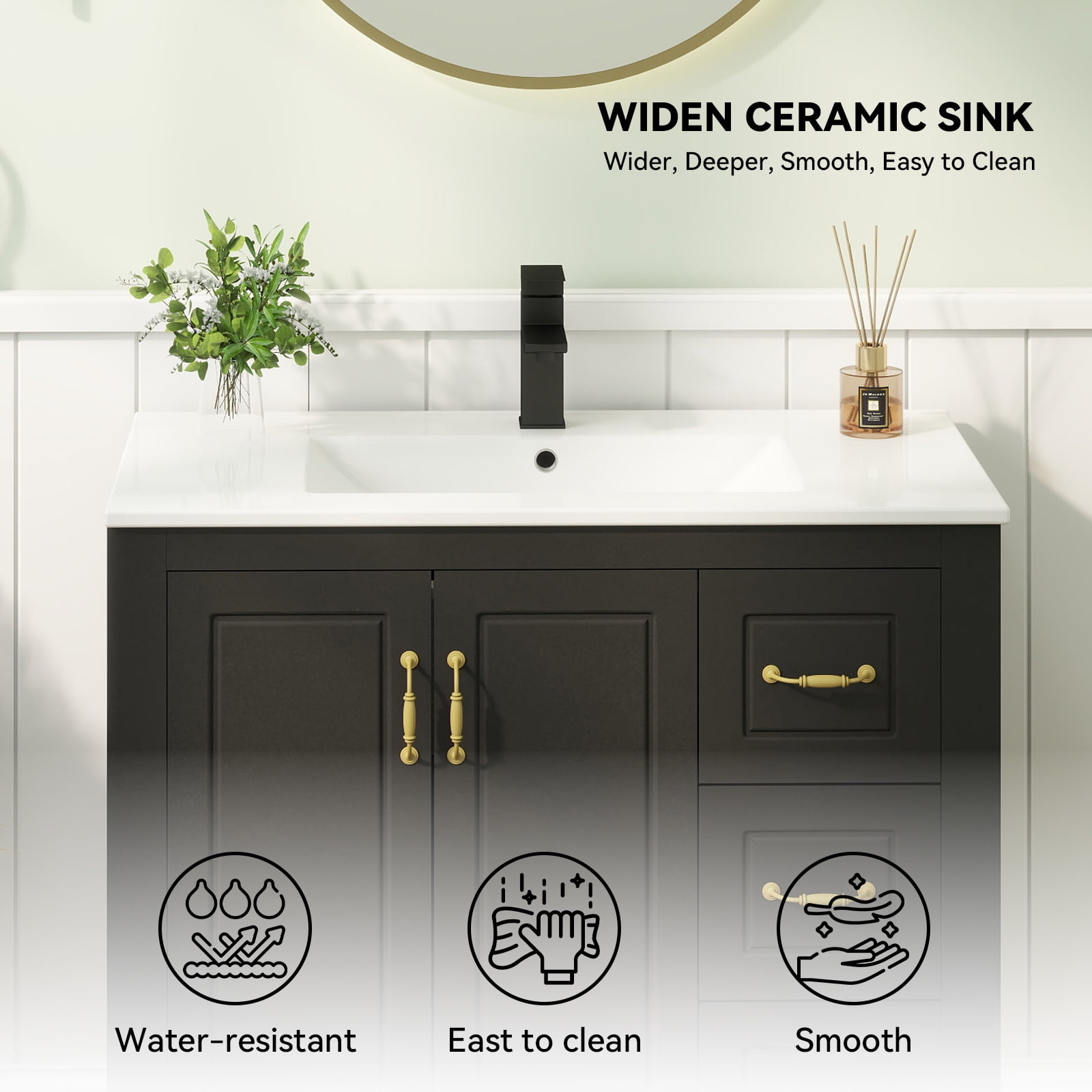 FULLWATT 36" Bathroom Vanity, Painted Surface Solid Wood Frame Bathroom Storage Vanities Set with 3 Drawers, Louvre Design Cabinet with Sink, Black