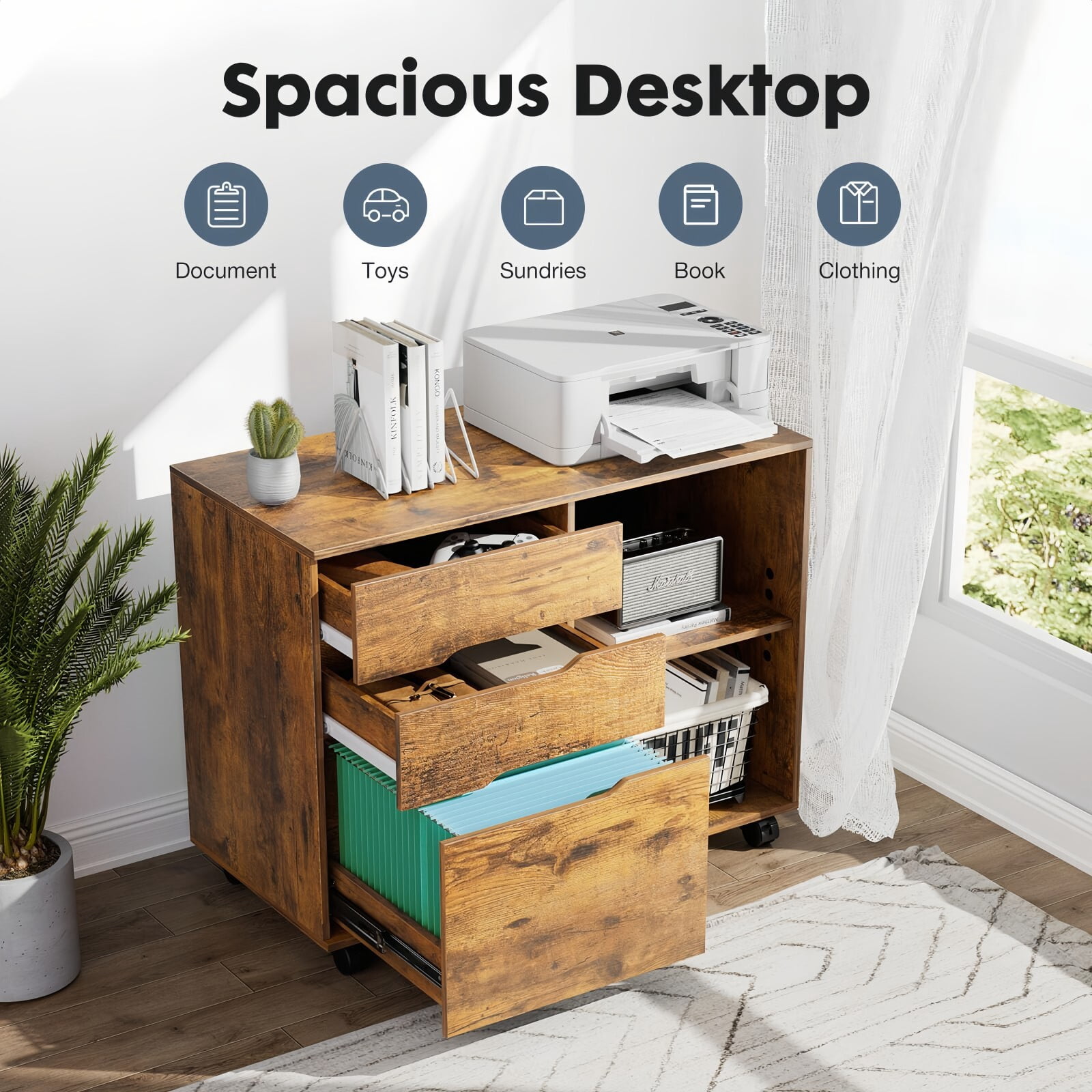 Kelno File Cabinet with 3 Drwaers Lockable Wheel Under Desk Printer Stand Lockable Casters Lateral Filing Cabinet, Rustic Brown