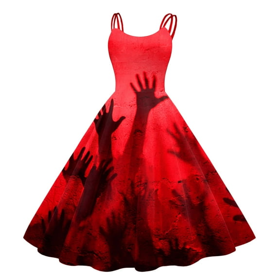 TTUHYWXI Halloween Spaghetti Strap Dress for Women Blooody Printed A line Sleeveless High Waist Midi Dresses (Red, M)