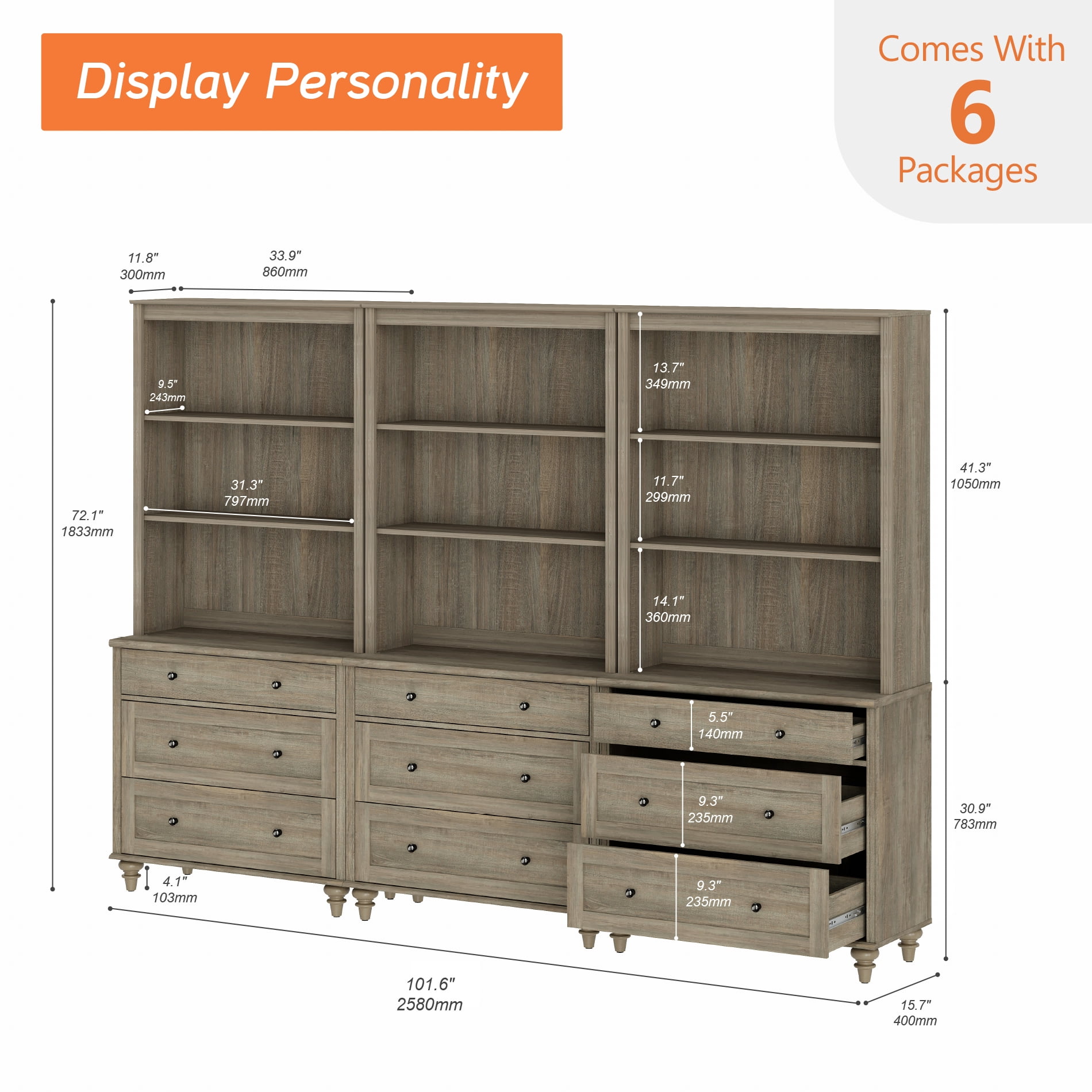 Farmhouse 5 Tier Bookcase With 9 Drawers, Wash Gray, 101.6" W