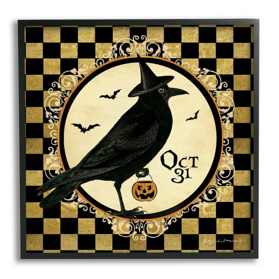 Stupell Industries Oct 31 Checkered Halloween Crow Holiday Painting Black Framed Art Print Wall Art