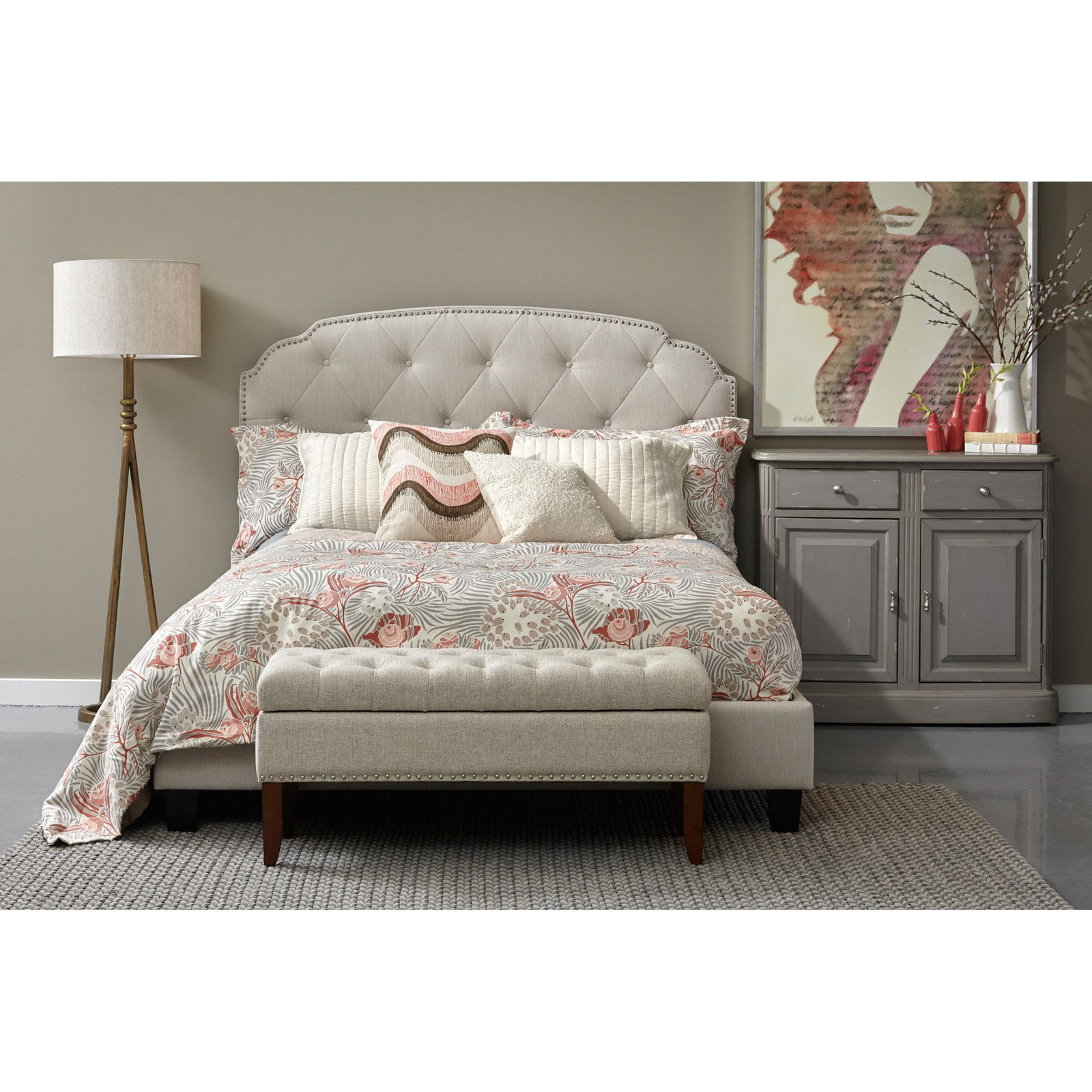 King All-In-One Shaped Corners Upholstered Bed in Dupree Linen