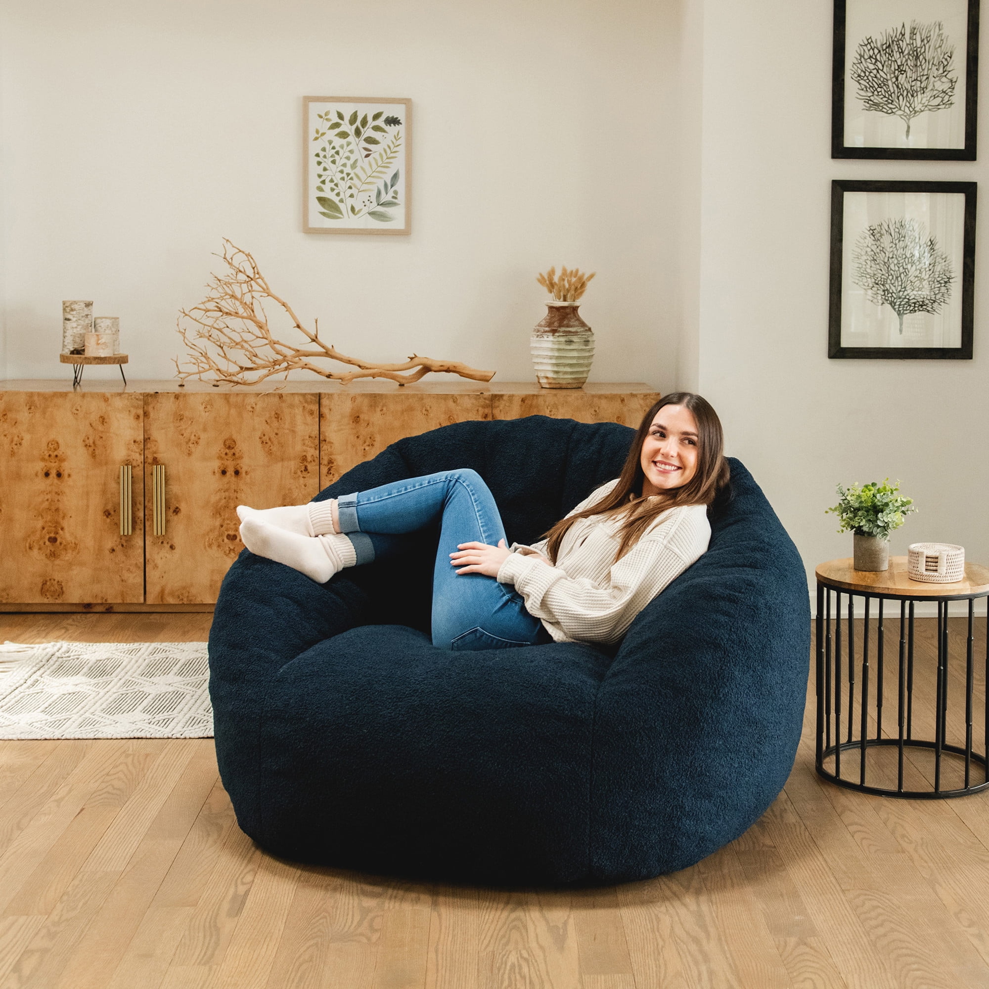 Big Joe Cloudberry Bean Bag Chair, Foam-Filled Structured Seat, Teddy Boucle, Deep Blue, Adults