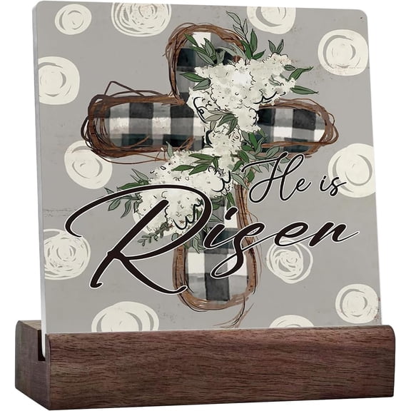Easter Decor Wooden Box Sign,He is Risen Sign,Polka Dot Gray Easter Cross Ceramic Table Sign Decorative,Spring Easter Decor for Farmhouse Nursery Desk Shelf Table