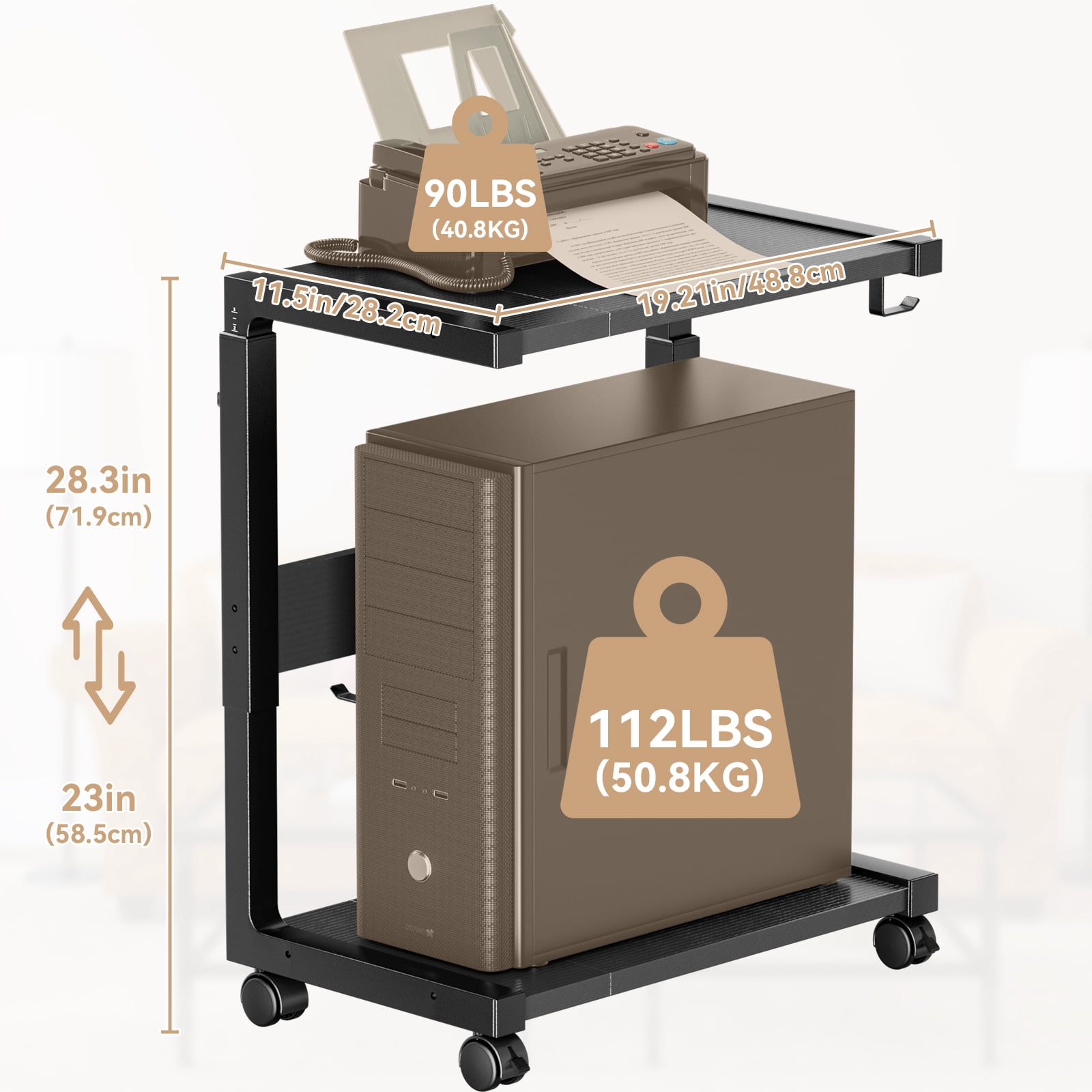 Adjustable Rolling Computer Tower Stand CPU Holder Cart for Gaming Office Home Height 23" to 28.3"