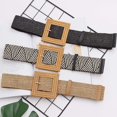 thumbnail image 4 of Cinturón de vestir flaco para mujer, cinturón de hebilla de madera con banda elástica tejida de paja a la moda MFZFUKR HMHZ553-1, 4 of 6