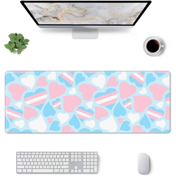 Pride Hearts Transgender Gaming Mouse Pad Pride Large Mouse Pad (31.5x11.8 Inch) Non-Slip Rubber Base Large Desk Mat Desk Protector for Home Office Gaming Work