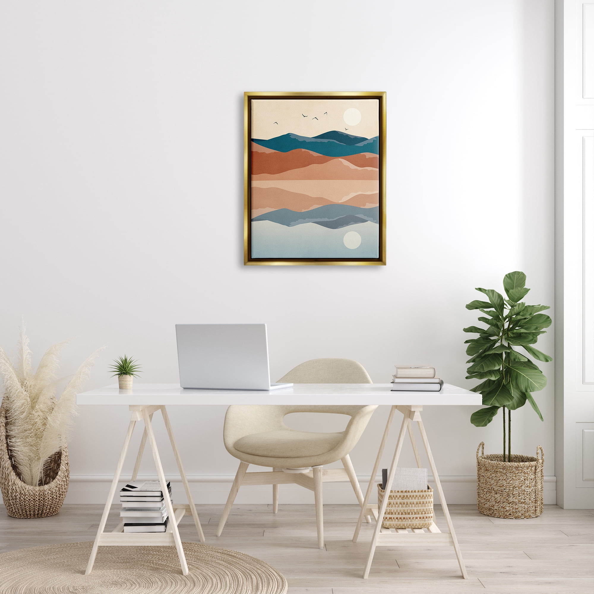 Stupell Industries Birds Flying Over Mountain Peaks Lake Reflection Graphic Art Metallic Gold Floating Framed Canvas Print Wall Art, Design by JJ Design House LLC