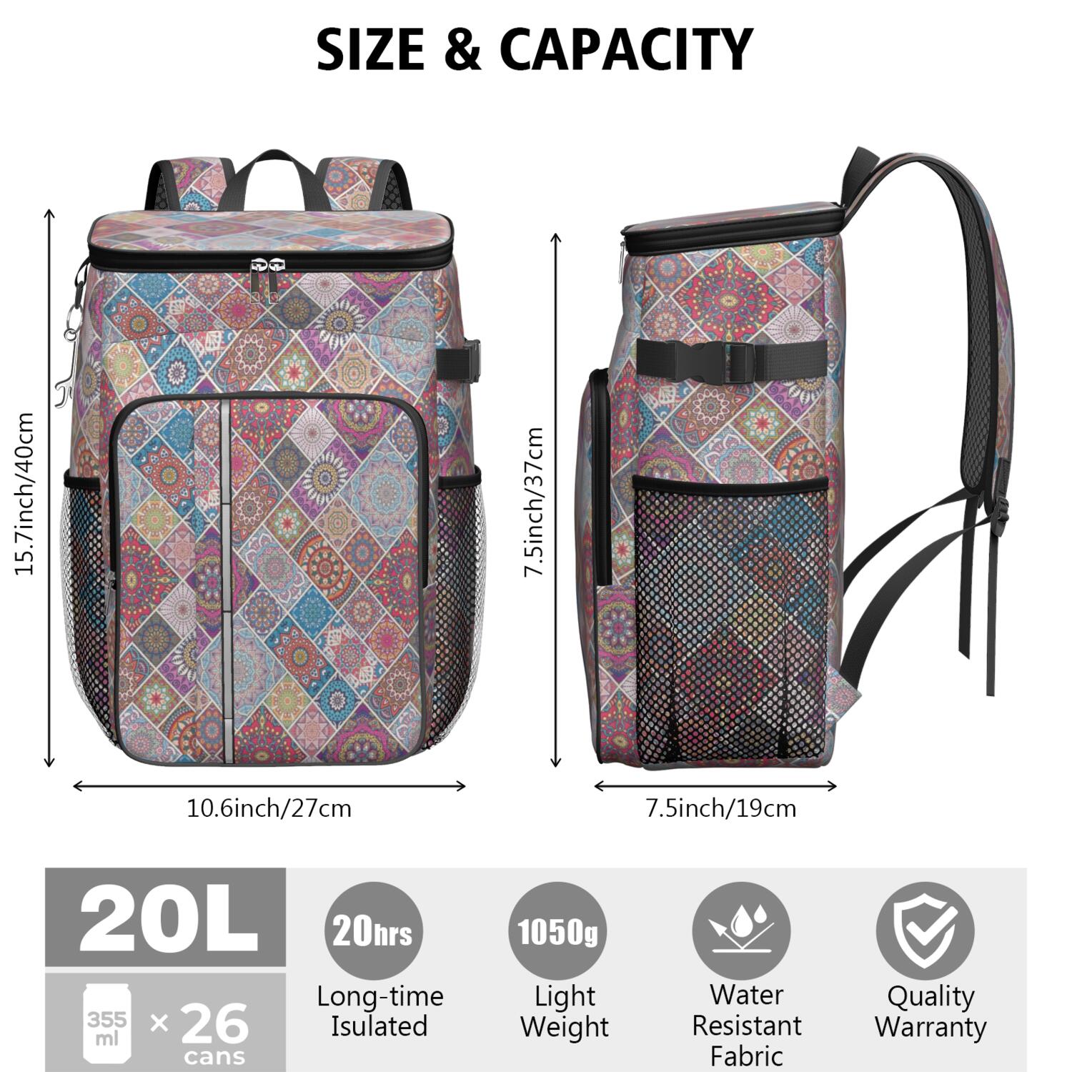 Travel Cooler Bag - Boho Bohemia Flower Camping Beer Cooler Backpack with Bottle Opener- Waterproof Insulated Picnic Backpacks - Cooler Bag for Beach