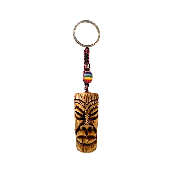 Lips Polynesian Tiki Head 3D Figurine Keychain Multicolored Macramé Metal Ring - Handmade Gifts Boho Car Keys Bag Accessories