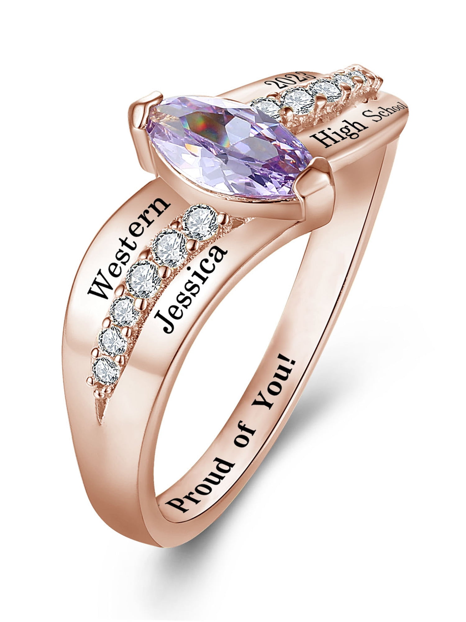 Mementos USA Custom Fashion Class Rings for Women High School and College-Sterling Silver/Rose Gold