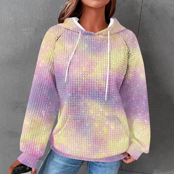 Goodtrade8 Tie Dye Hoodies for Women Waffle Knitting Pullover Sweatshirt Oversize Long Sleeve Hooded with Pocket Casual Women Sweatshirt Hoodie