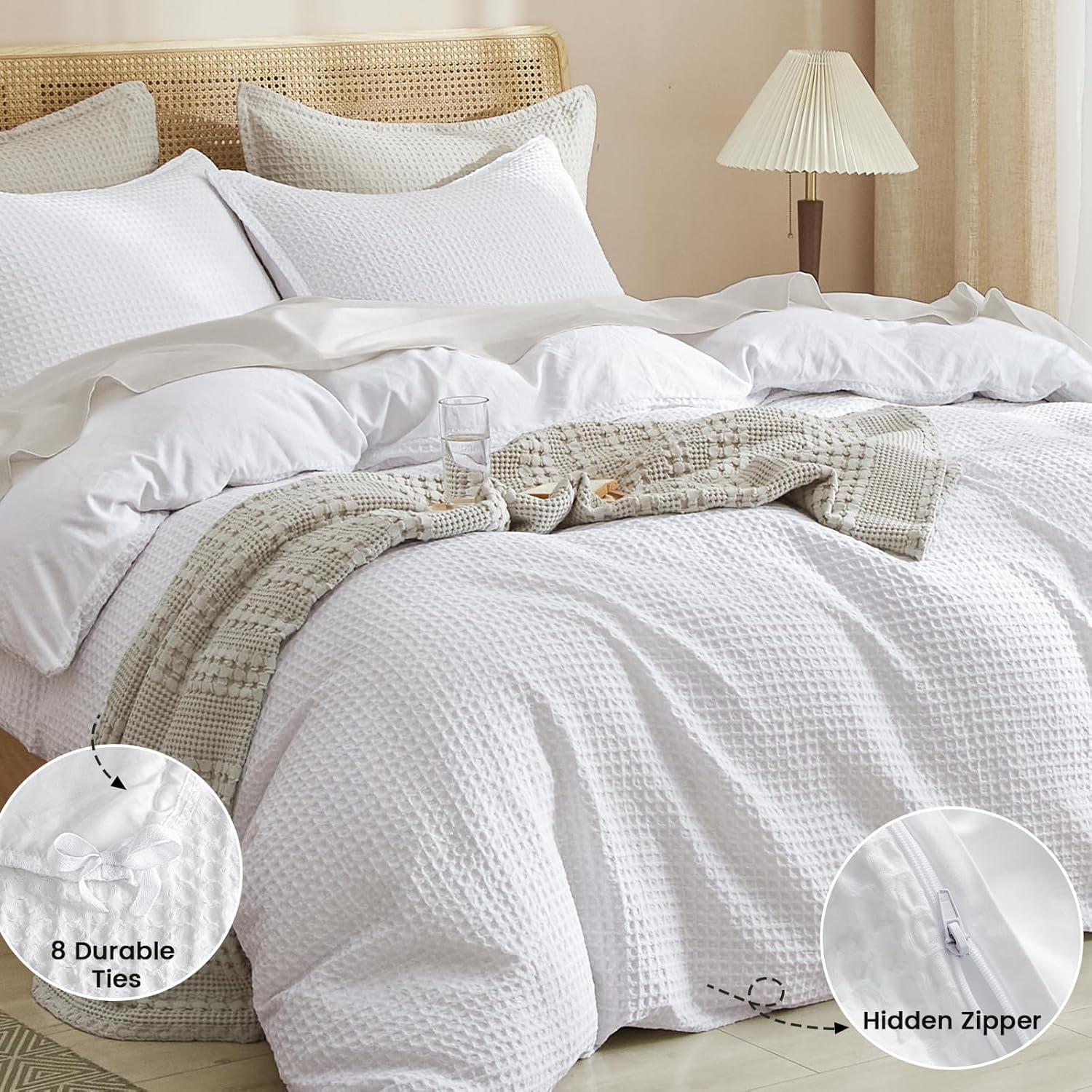 PHF Waffle Duvet Cover Set Queen Size, 3 Pieces Soft Breathable Bedding Comforter Cover for All Seasons, Waffle Textured Duvet Cover with 2 Pillow Shams Bedding Collection, 90"x90", White