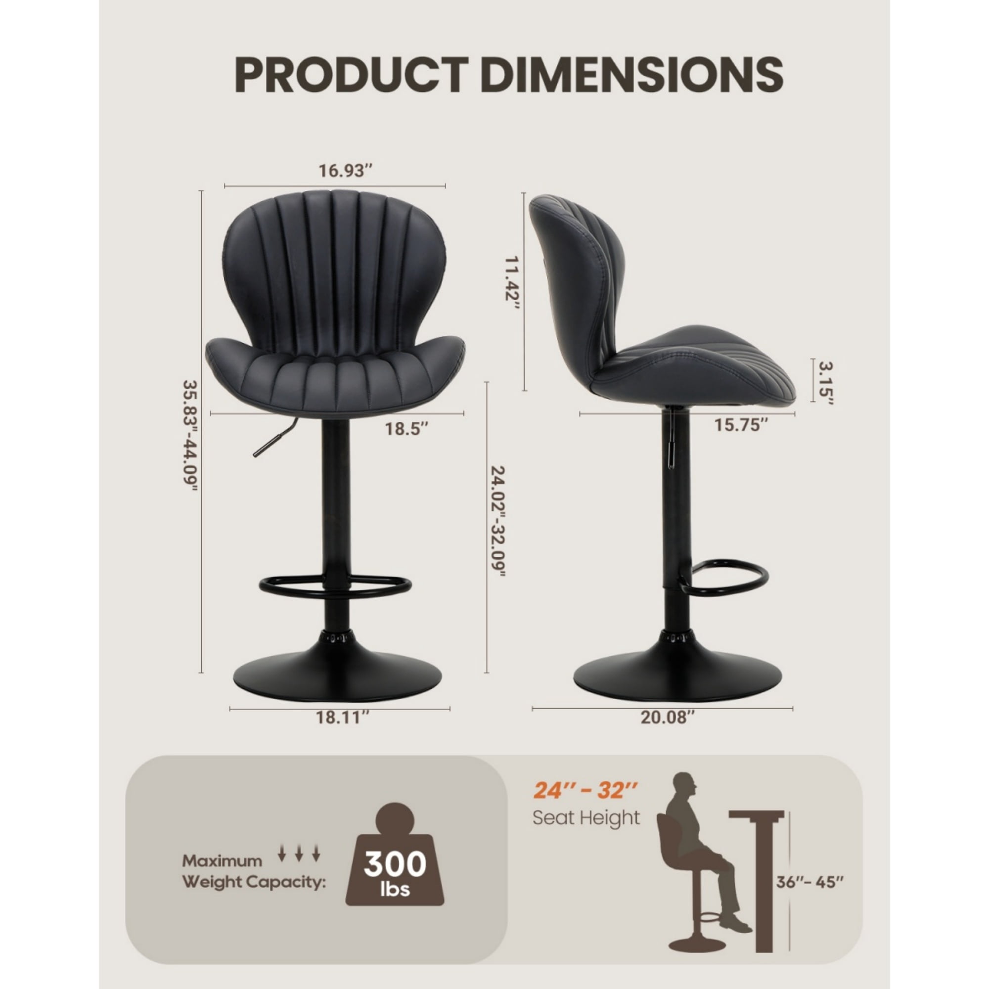 EOP Swivel Single BarStool, Modern Upholstered Adjustable Height Counter Stool with Footrest, Faux Leather Upholstered Bar Stool with Metal Frame, Bar Chair with Backrest, Black