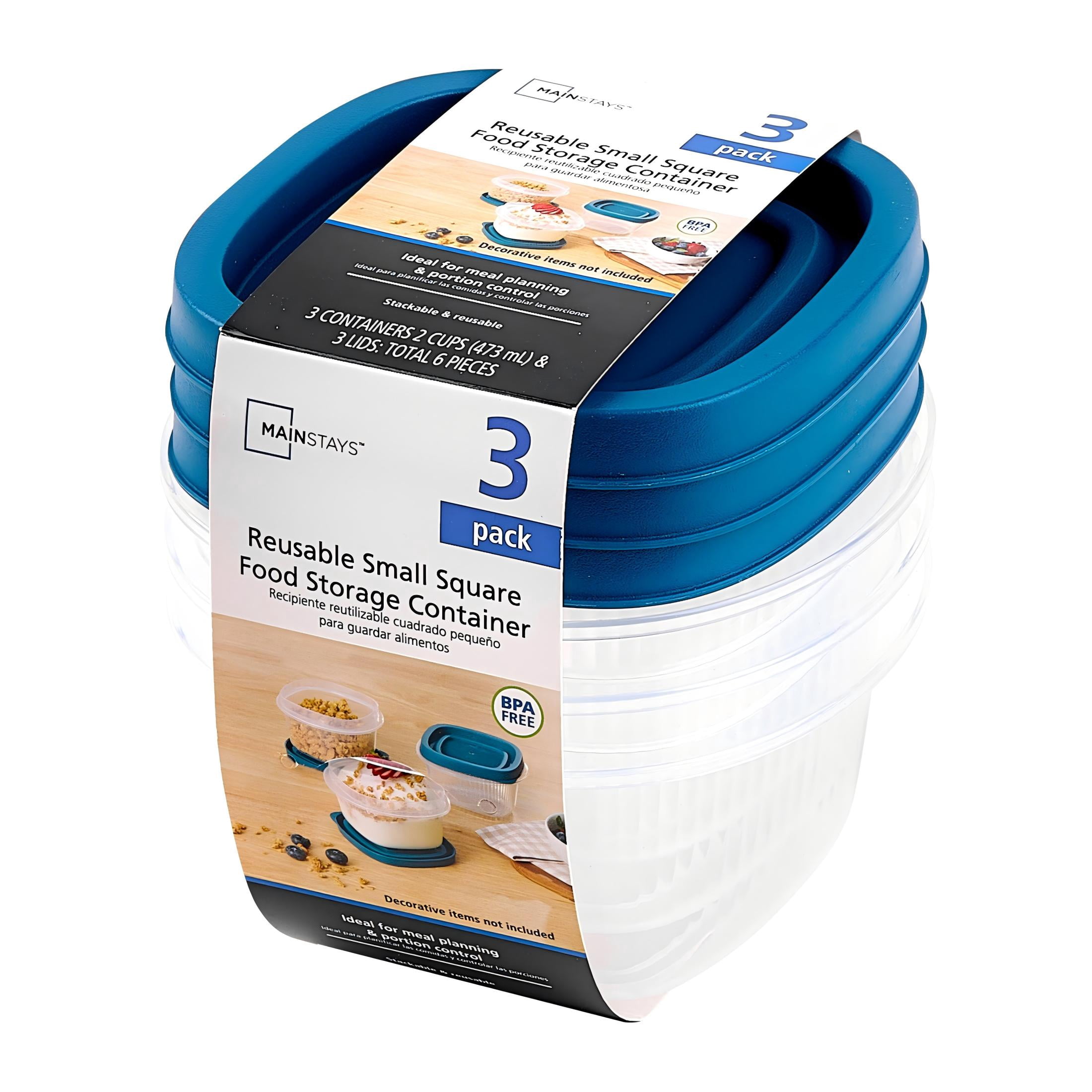 (4 pack) Mainstays Reusable Food Storage Container, Small Square, Plastic, 3-Pack, 3 Containers with Lids, 2 Cups, Ideal for Snacks and Fresh Ingredients