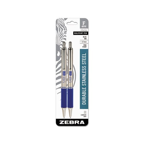 F-402 Retractable Ballpoint Pen 0.7mm, Blue Ink, Stainless Steel/Blue Barrel, 2/Pack