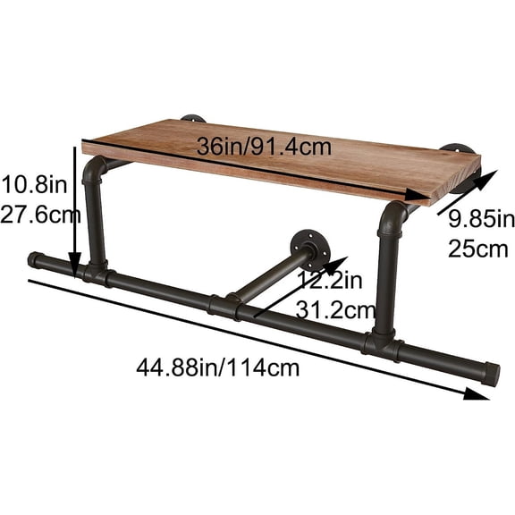 36In Industrial Pipe Clothing Rack with , Space-Saving Wall Mounted Clothes Rack, Shelf with Hanging Rod for Closet Storage, Laundry Room. (1T, Brown)