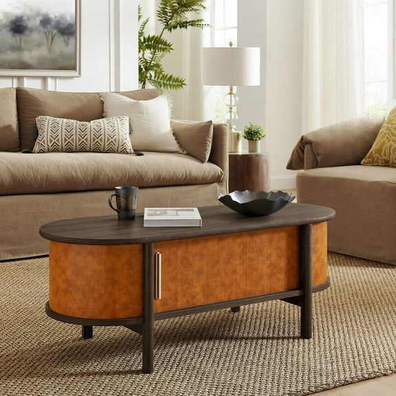 Modway Coralie Curved Vegan Leather Oval Coffee Table in Brown