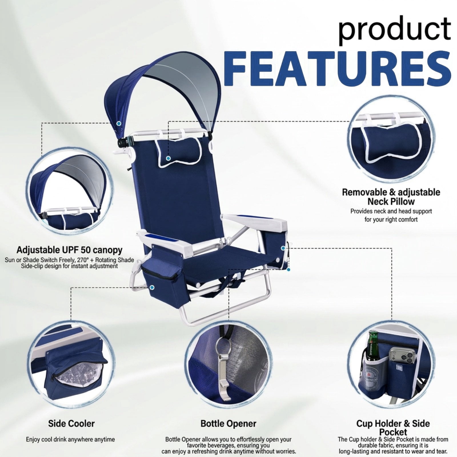 SUNSPIRE Beach Chair Canopy Adjustable Shade, 5-Position Lay Flat Aluminum Folding Chair Detachable Umbrella with Cooler Bag Cup Phone Holder