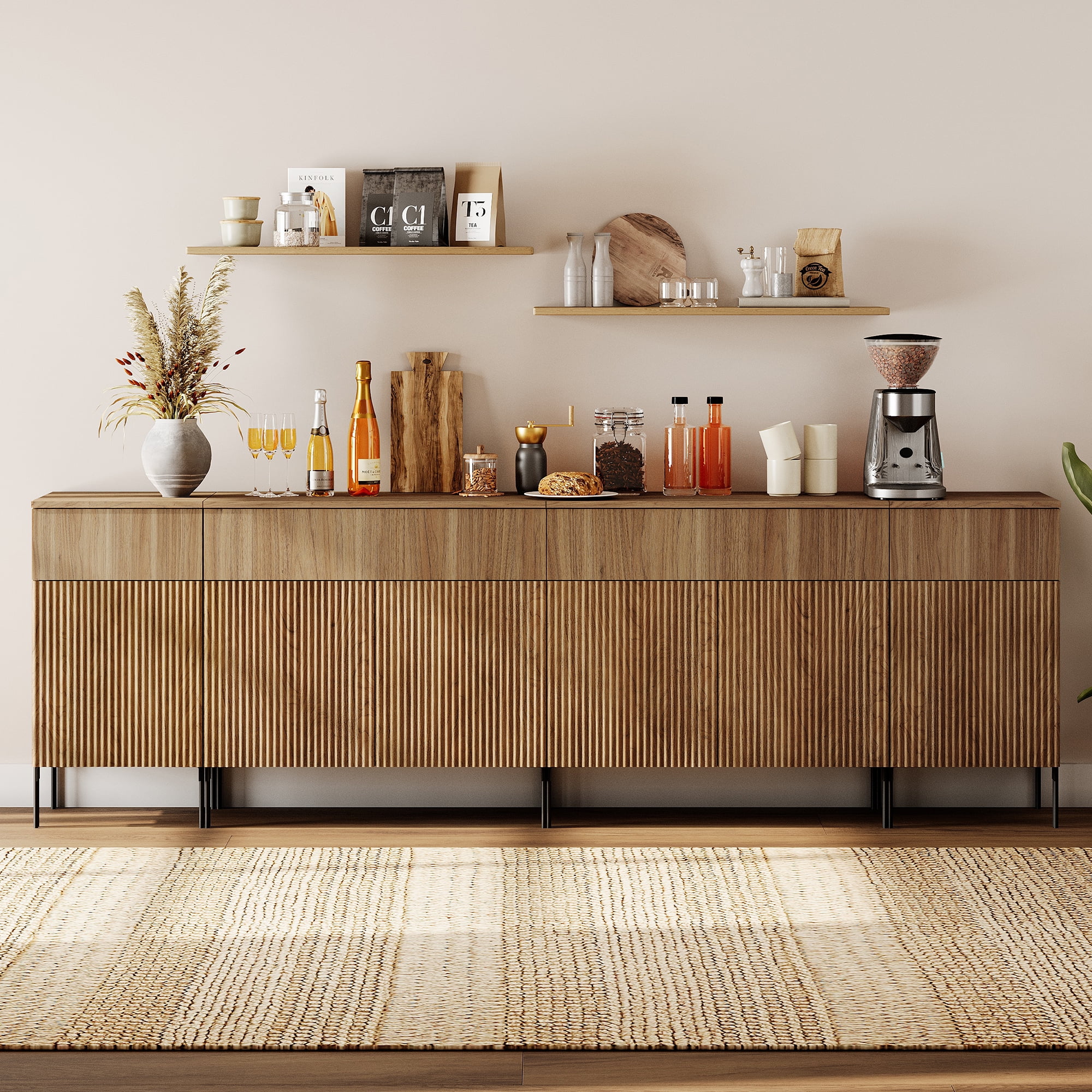 94.5" Wooden Sideboard with Reeded Design, 4-In-1 Modern Credenza with Charging Station for Kitchen, Dining Room