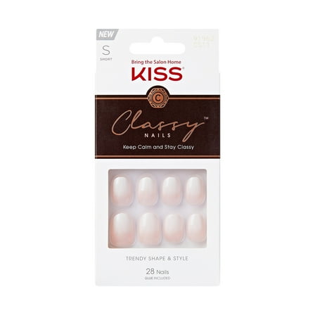 KISS Classy French Tip Press On Nails, Players, White Ombre, Short Oval, 28 Count