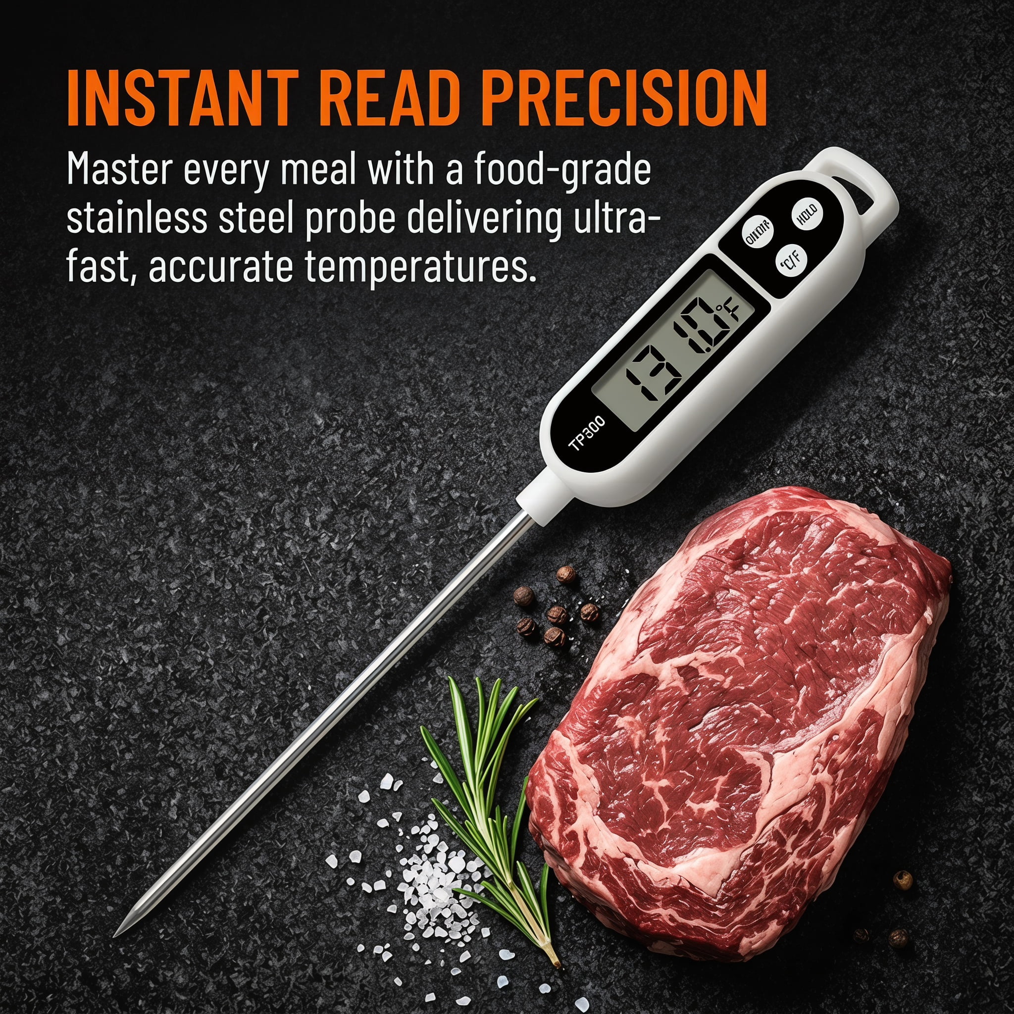 Digital Meat Thermometer with Instant Read LED Display, Food-Grade Stainless Steel Probe for Kitchen Cooking, Waterproof Candy and Liquid Thermometer for Milk,Oil, and Water,Wide Range -58°F to 572°F