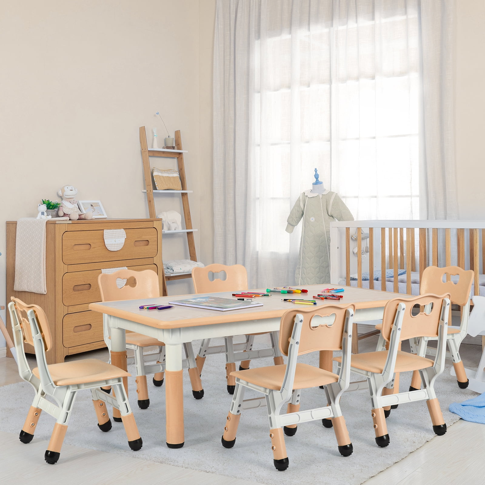 LAZY BUDDY Kids Table and 6 Chairs Set, Rectangular Children Activity Table with Graffiti Desktop, Height Adjustable, for Daycare, Classroom, Home