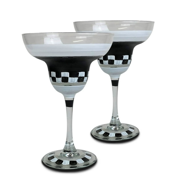 Golden Hill Studio Set of 2 Black and White Checkered Chalk Margarita Glasses 6.75"