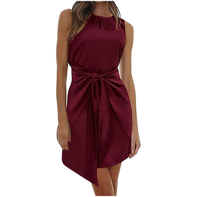 Bowake Robe en Satin pour Femmes Été Col Rond Sans Manches Ceinture Élégante Robe de Cocktail Mini