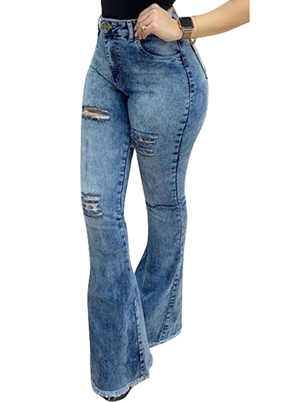 Qcuber Women's Ripped Bell Bottom Jeans Skinny Pant - Walmart.com