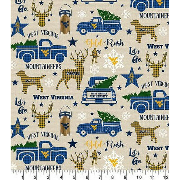 University of West Virginia Cotton Fabric with Christmas Design-LIMITED EDITION-Sold by the Yard