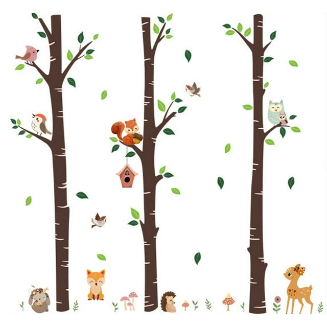 Pegatinas decorativas para ventana con animales del bosque, vinilo ecológico despegable y adherible para la decoración de habitaciones de niños, calcomanías de arte de pared con árboles grandes y