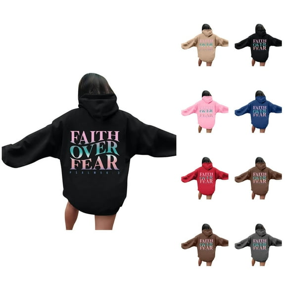 Christian Hoodies for Women 2025 Faith Over Fear Hoodie with Pockets Inspirational Hooded Sweatshirt Pullover Tops
