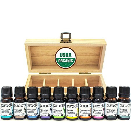 PURA D’OR 10 Essential Oils Wood Box Set 10mL USDA Organic 100% Pure